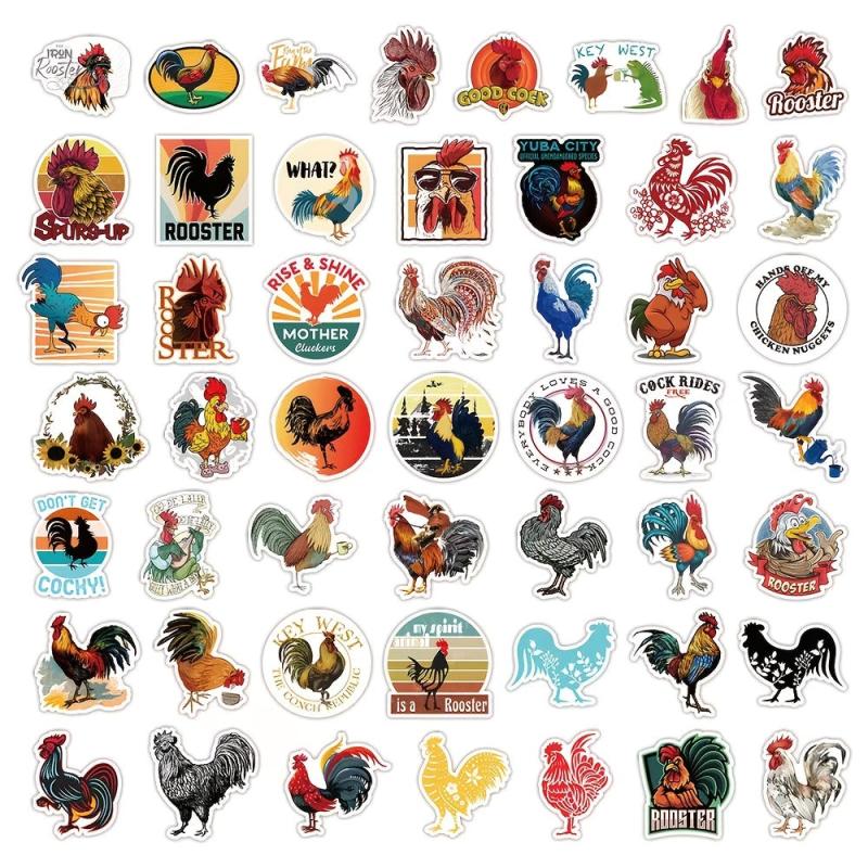 50pcs Cartoon Rooster PVC Sticker Packs for Laptop Luggage Water Bottle Notebook