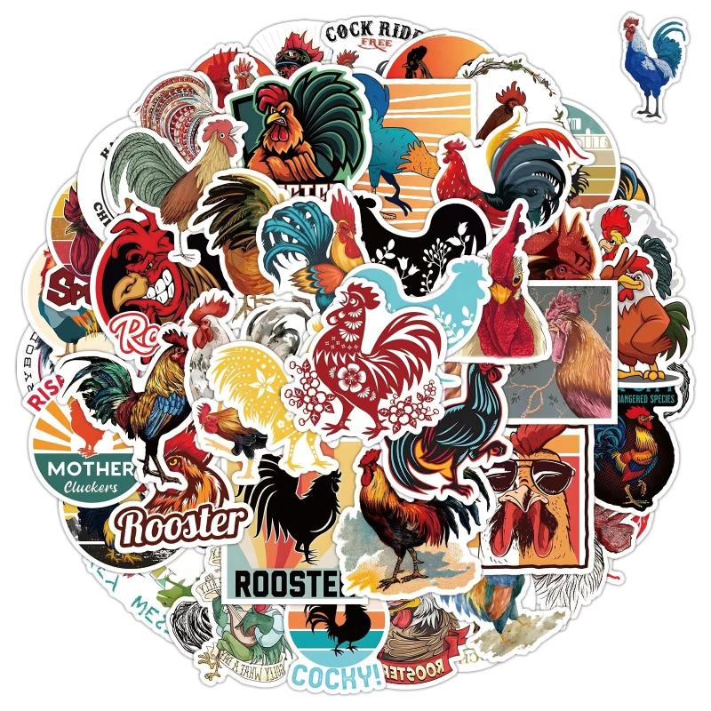 50pcs Cartoon Rooster PVC Sticker Packs for Laptop Luggage Water Bottle Notebook
