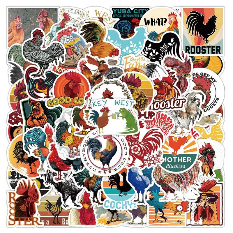 50pcs Cartoon Rooster PVC Sticker Packs for Laptop Luggage Water Bottle Notebook