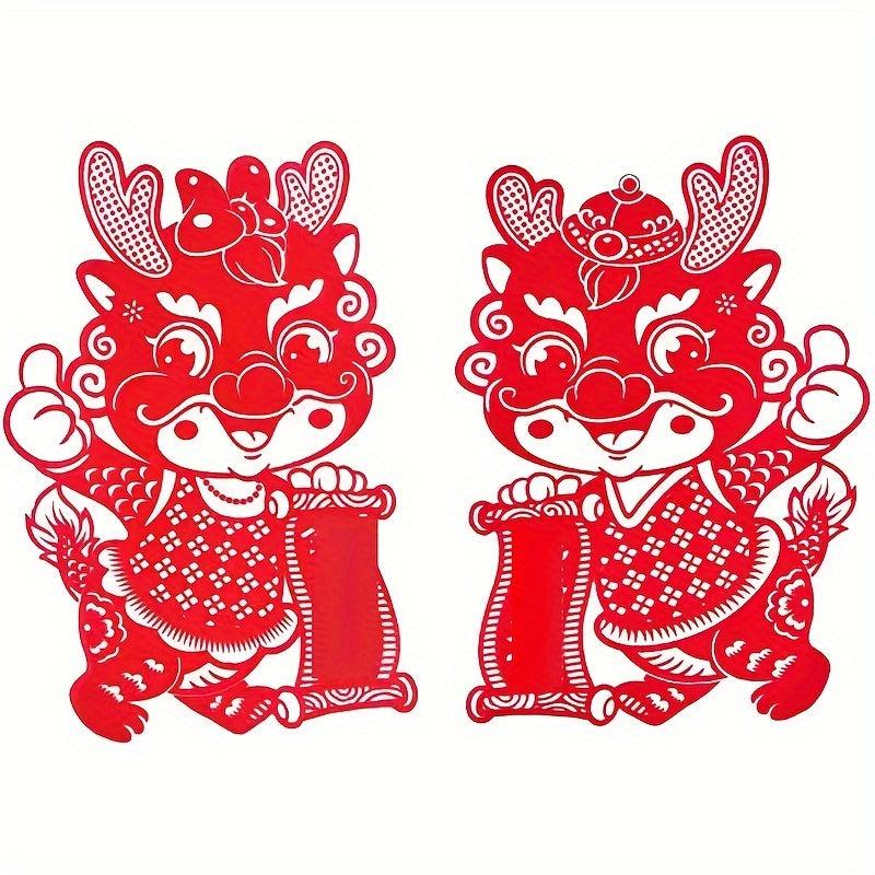 2pcs Year Window Stickers Red Paper Cut Lantern Spring Blessing Wall Stickers