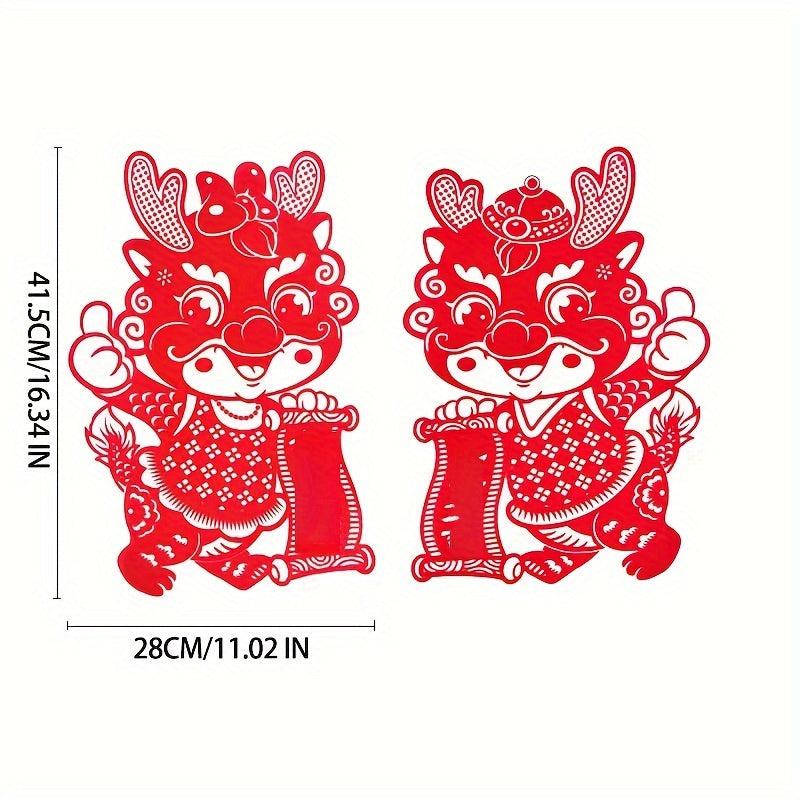 2pcs Year Window Stickers Red Paper Cut Lantern Spring Blessing Wall Stickers