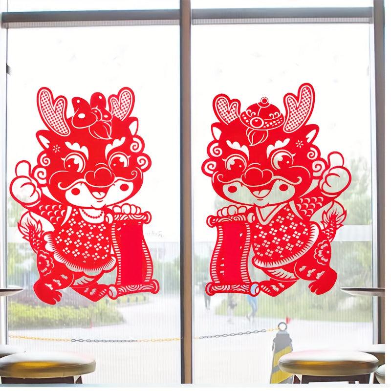 2pcs Year Window Stickers Red Paper Cut Lantern Spring Blessing Wall Stickers