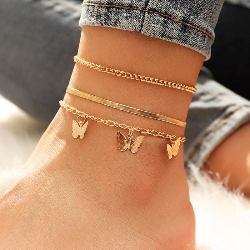 3pcs Snake Chains Butterfly Pendant Anklet Set Holiday Party Gift