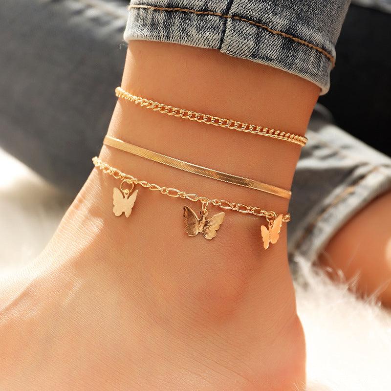 3pcs Snake Chains Butterfly Pendant Anklet Set Holiday Party Gift