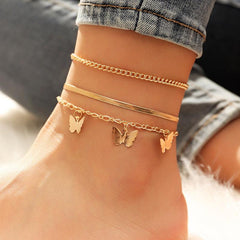 3pcs Snake Chains Butterfly Pendant Anklet Set Holiday Party Gift