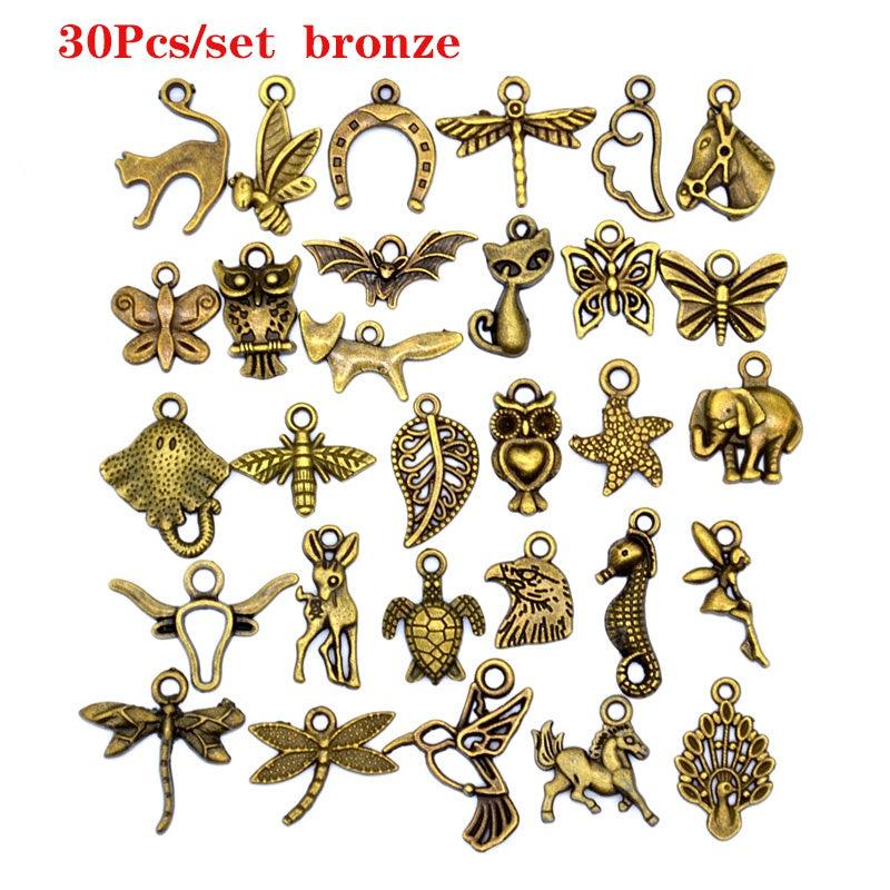 30pcs Mixed Animal Heart Leaf Flower Charms Lobster Clasp Bracelet Pendants