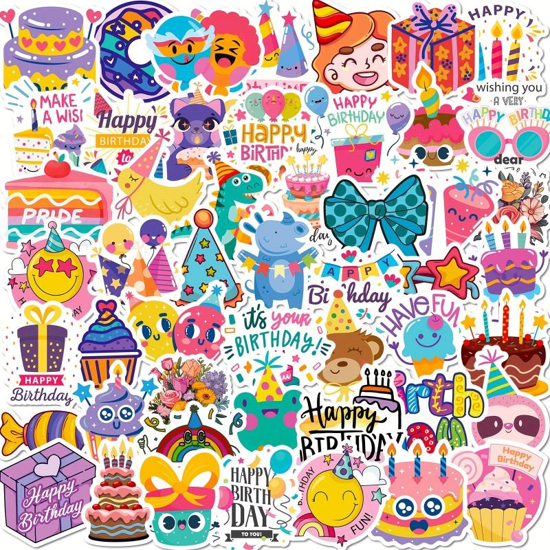 50pcs Happy Birthday Stickers Cake Balloon DIY Water Bottle Laptop
