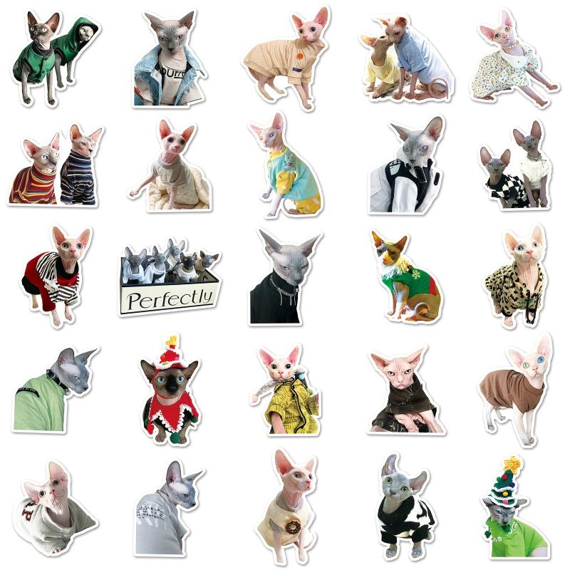 50pcs Hairless Cat Stickers for Motorcycle Laptop Mug DIY Waterproof Sticker