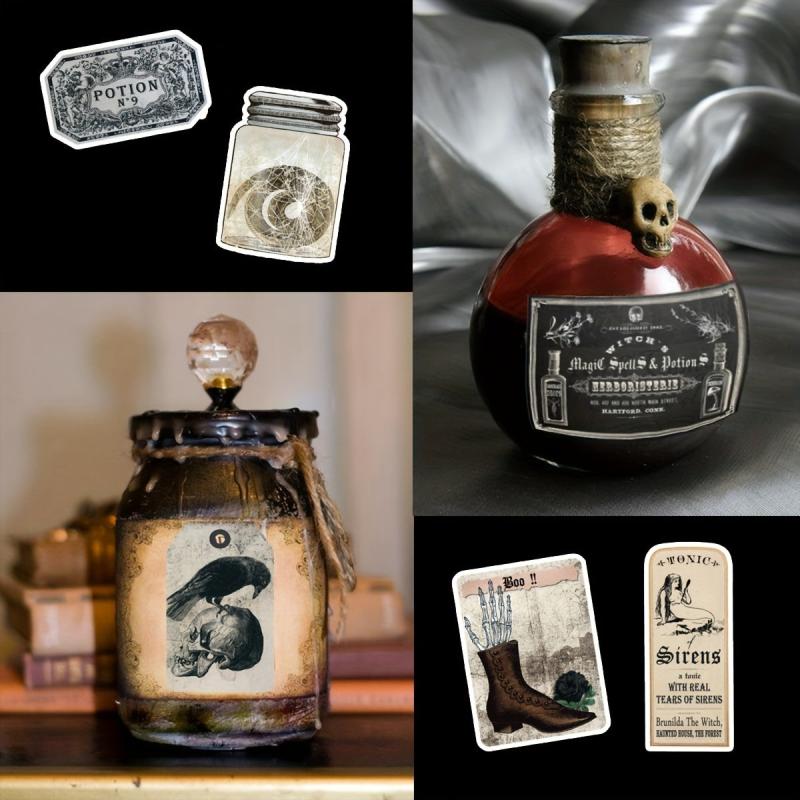 55pcs Vintage Halloween Wine Bottles Potion Labels Scrapbook Stickers