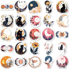 Moon Flower Cat Astrology Stars Stickers Waterproof Vinyl