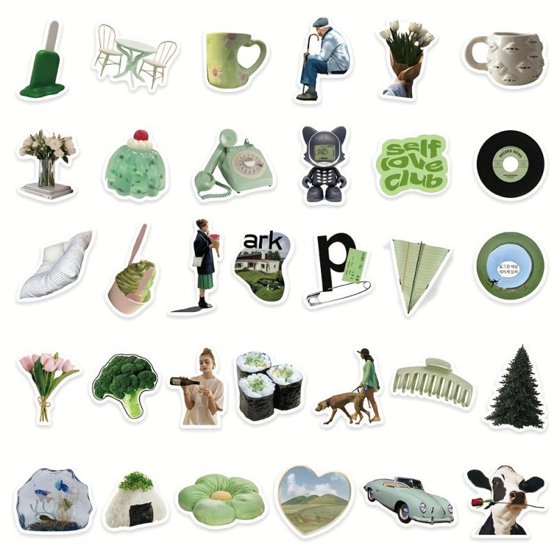 62pcs Small Fresh Green Stickers for Phone Laptop Skateboard Water Cup
