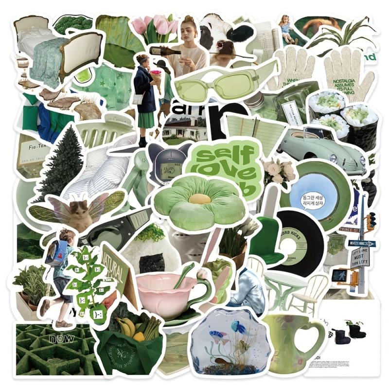 62pcs Small Fresh Green Stickers for Phone Laptop Skateboard Water Cup