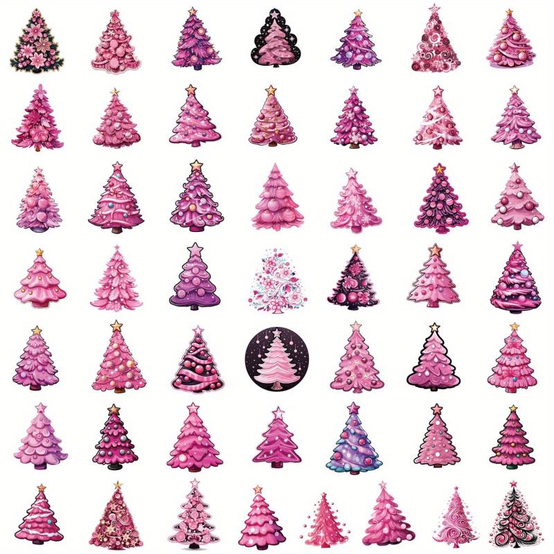 50pcs Pink Christmas Tree Stickers - Stationery Books Laptops Water Cups