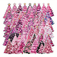 50pcs Pink Christmas Tree Stickers - Stationery Books Laptops Water Cups