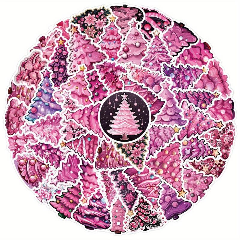 50pcs Pink Christmas Tree Stickers - Stationery Books Laptops Water Cups