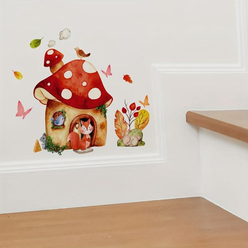 Cartoon Fox Mushroom House Wall Sticker Waterproof Self adhesive Sticker