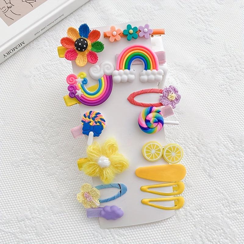14pcs Random Sweet Flowers Fruits Rainbow Heart Hair Clips Princess Accessories
