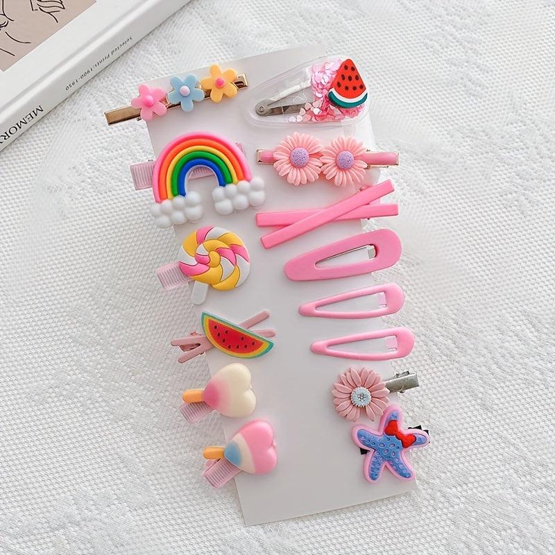 14pcs Random Sweet Flowers Fruits Rainbow Heart Hair Clips Princess Accessories