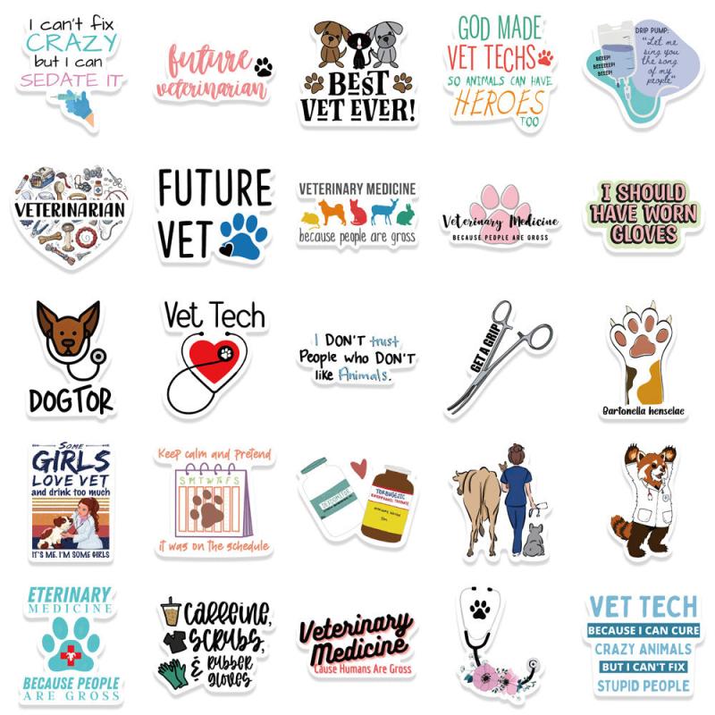 50pcs Cartoon Vet Stickers Water Bottle Laptop Waterproof Vinyl