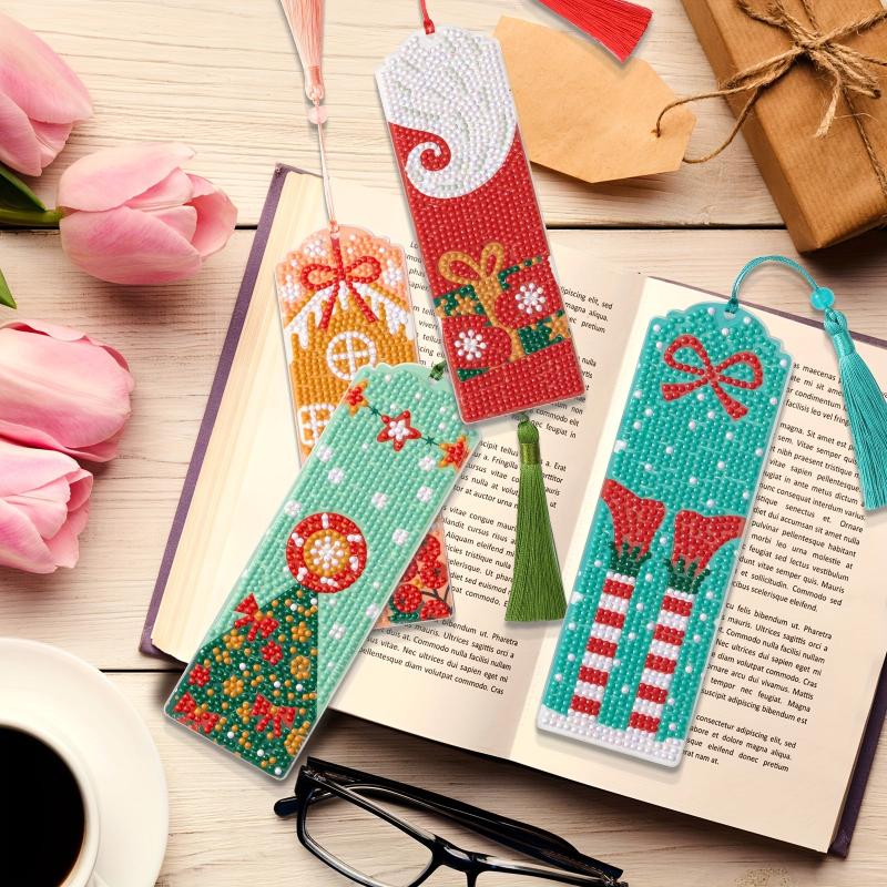 4pcs DIY Diamond Painting Bookmarks Acrylic Glass Christmas Gift