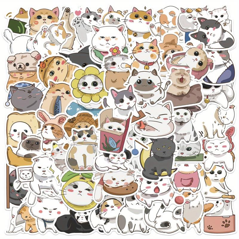 62pcs Cartoon Cat Daily Stickers - Stationery Books Laptops Water Cups