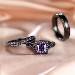 Golden Purple Stone Wedding Rings Set For Bridal Women Engagement
