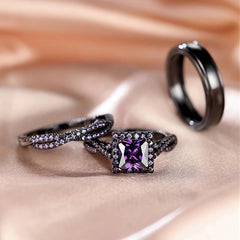 Golden Purple Stone Wedding Rings Set For Bridal Women Engagement