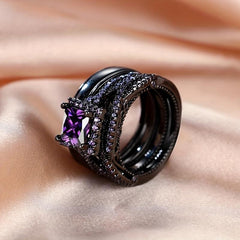 Golden Purple Stone Wedding Rings Set For Bridal Women Engagement