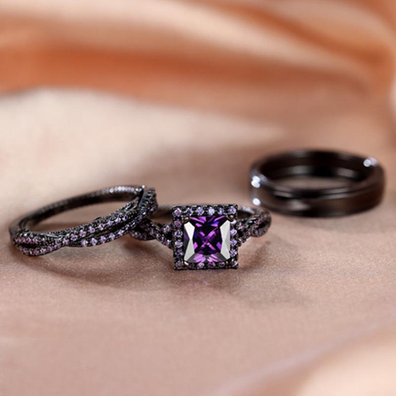 Golden Purple Stone Wedding Rings Set For Bridal Women Engagement