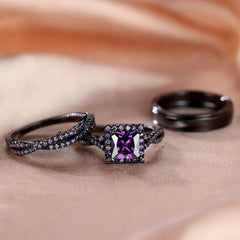 Golden Purple Stone Wedding Rings Set For Bridal Women Engagement