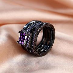 Golden Purple Stone Wedding Rings Set For Bridal Women Engagement