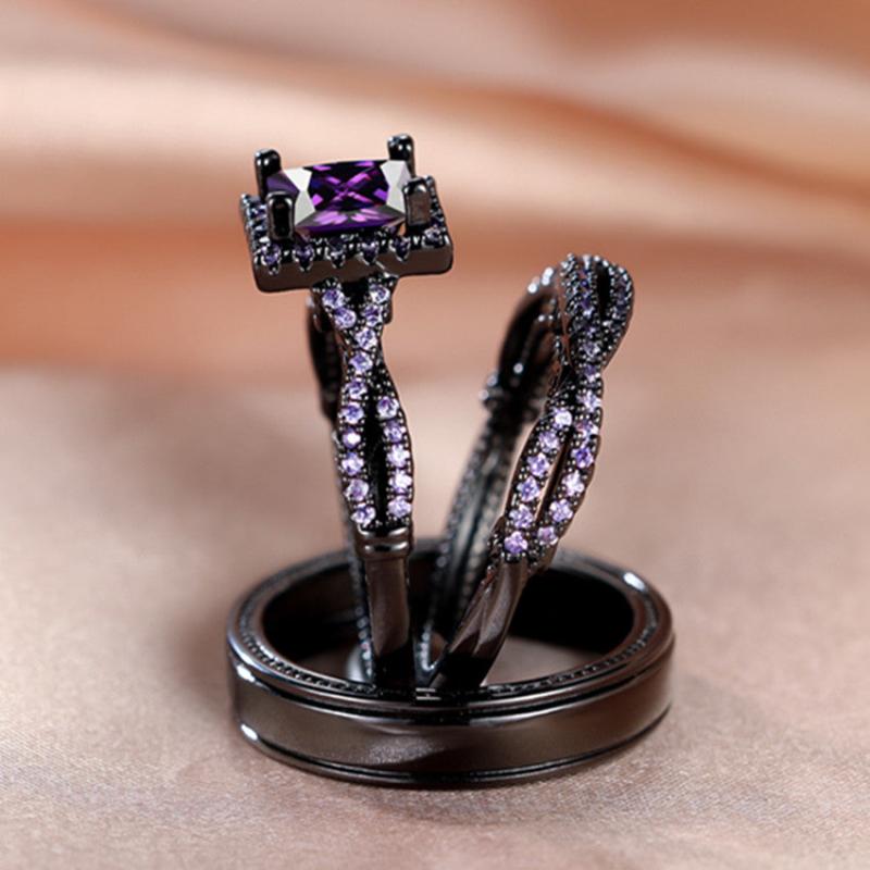 Golden Purple Stone Wedding Rings Set For Bridal Women Engagement