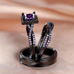 Golden Purple Stone Wedding Rings Set For Bridal Women Engagement