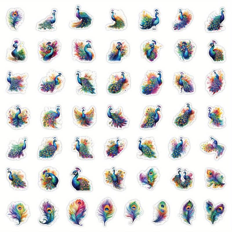50pcs Peacock Waterproof Stickers for Water Bottle Laptop Luggage