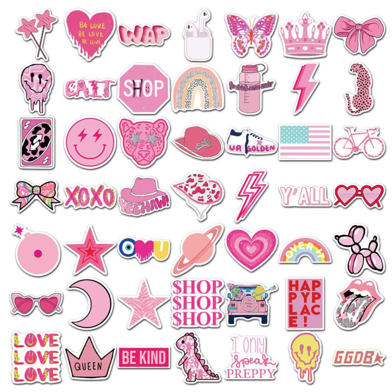 50 Pink Preppy Stickers Waterproof Vinyl for Water Bottle Laptop