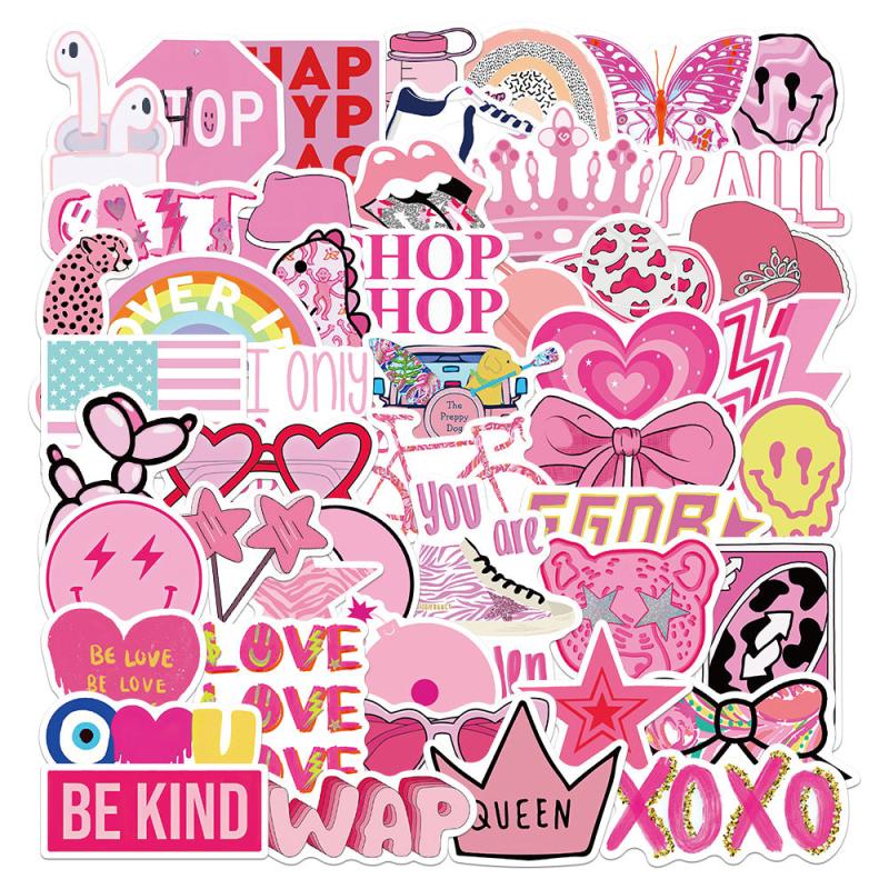 50 Pink Preppy Stickers Waterproof Vinyl for Water Bottle Laptop