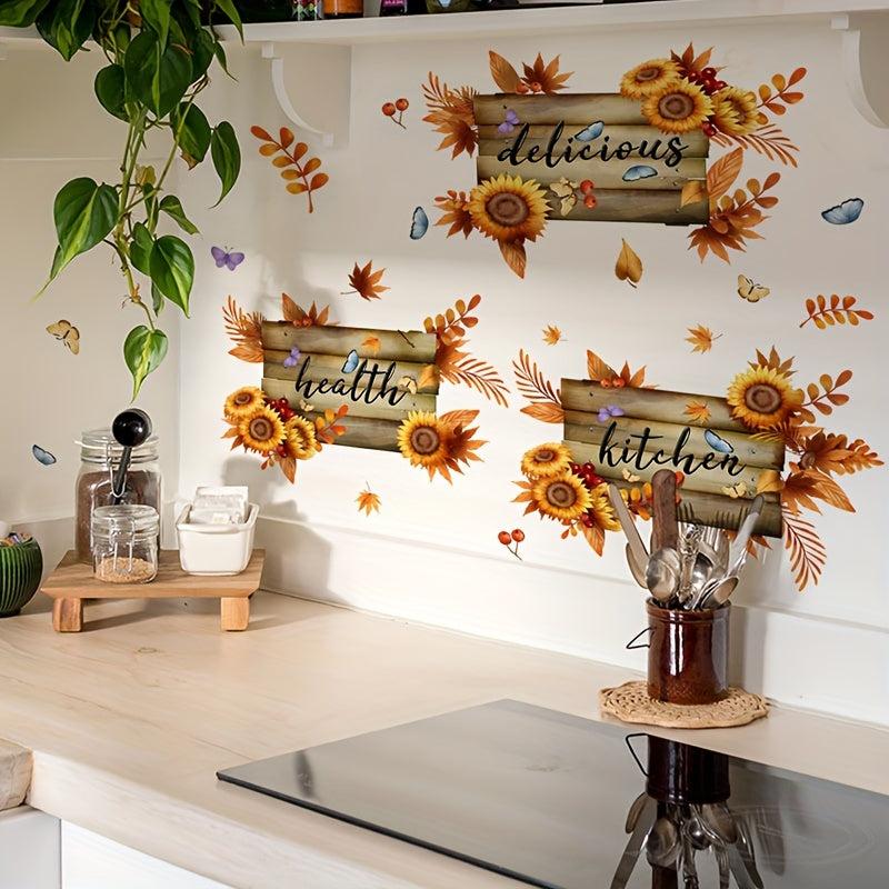 Autumn Sunflower Butterfly Kitchen Decoration Wall Sticker Triptych