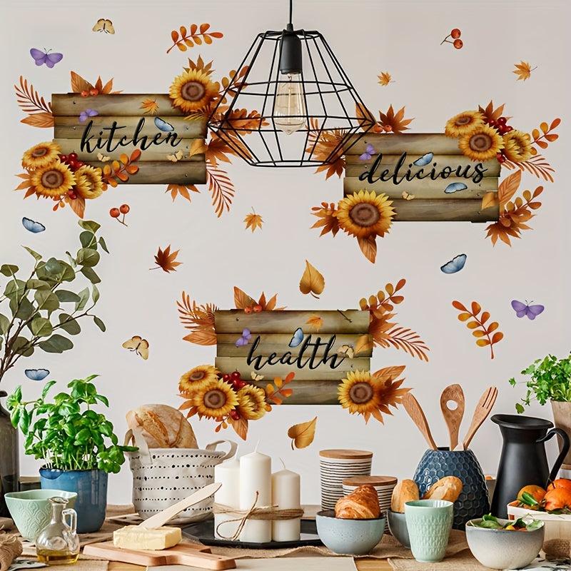 Autumn Sunflower Butterfly Kitchen Decoration Wall Sticker Triptych