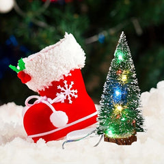 Mini Christmas Tree with LED Lights, Pine Sisal Tree on Wooden Base