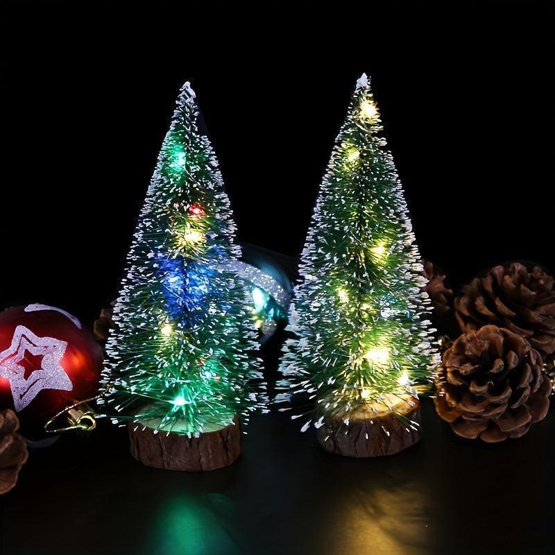 Mini Christmas Tree with LED Lights, Pine Sisal Tree on Wooden Base