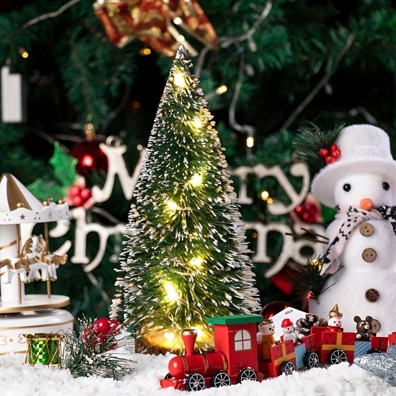 Mini Christmas Tree with LED Lights, Pine Sisal Tree on Wooden Base