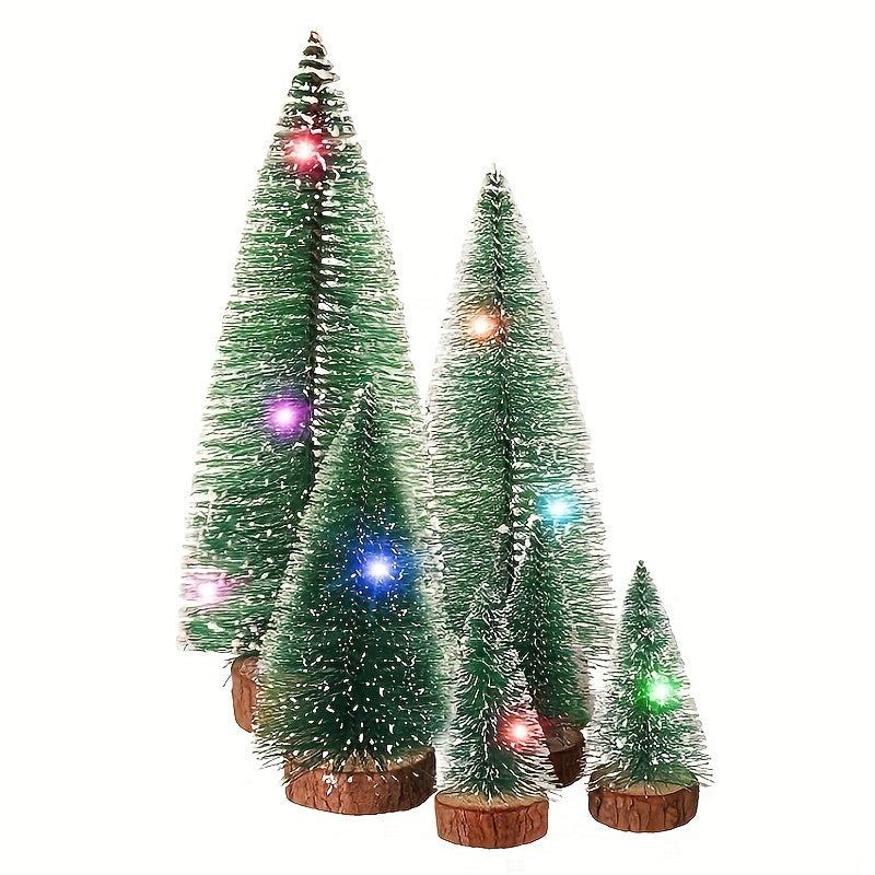 Mini Christmas Tree with LED Lights, Pine Sisal Tree on Wooden Base