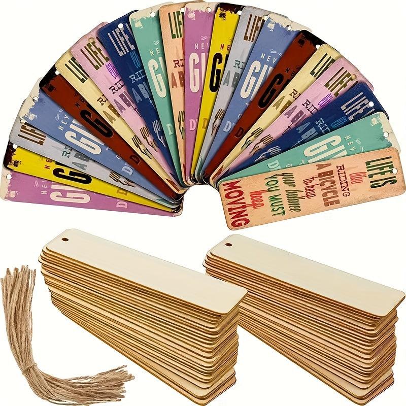 Wooden Blank Bookmarks with Hole and Rope for DIY Decoration