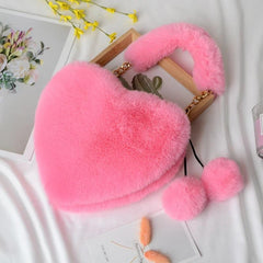 Heart Shaped Plush Bag Women Small Handbags Fluffy Ladies Chain Shoulder Bag