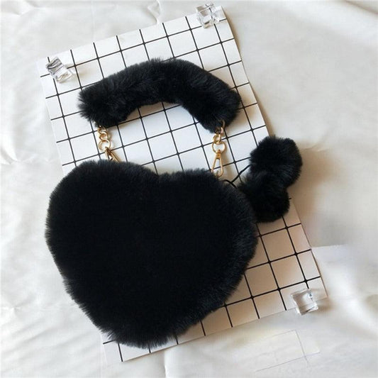 Heart Shaped Plush Bag Women Small Handbags Fluffy Ladies Chain Shoulder Bag