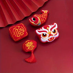 Chinese Year Plush Muppet Lion Dance Lucky Fish Fortune Word Lantern Brooch