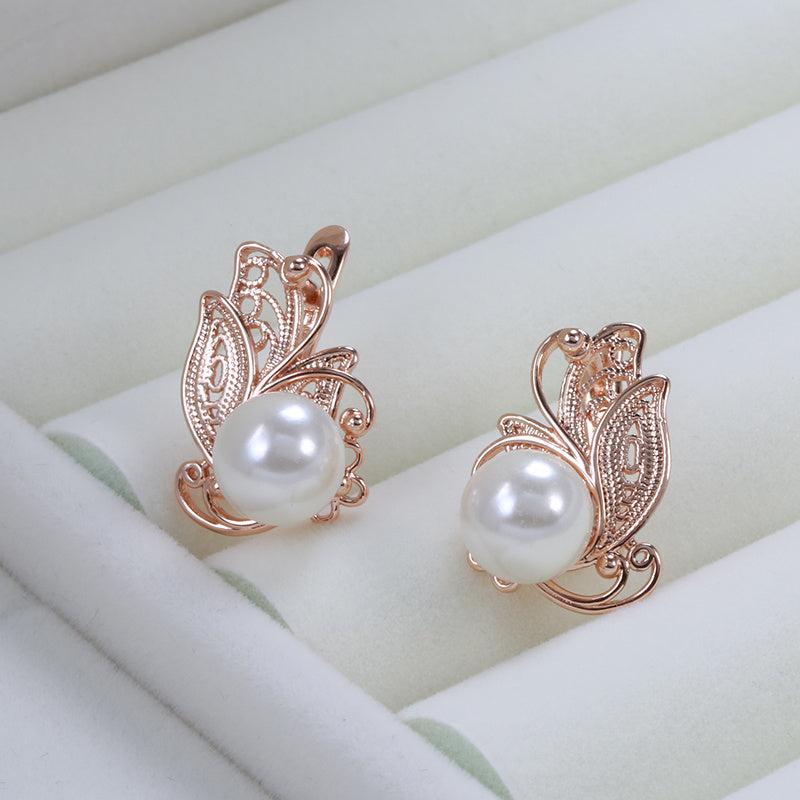 Golden Flower Pearl Drop Earrings for Women Vintage Bride Wedding Jewelry