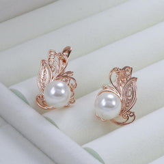 Golden Flower Pearl Drop Earrings for Women Vintage Bride Wedding Jewelry