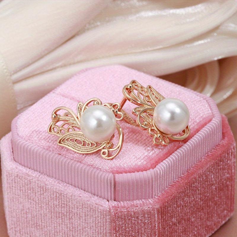 Golden Flower Pearl Drop Earrings for Women Vintage Bride Wedding Jewelry