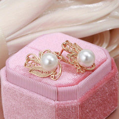 Golden Flower Pearl Drop Earrings for Women Vintage Bride Wedding Jewelry